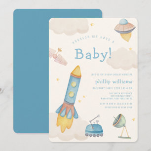 Boho Outer Space Spaceship Rocket Baby Shower Invitation