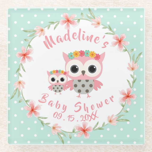 Boho Owl Baby Shower Glass Coaster (Front)