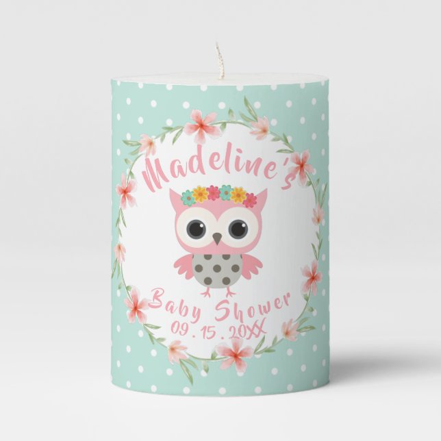 Boho Owl Baby Shower Pillar Candle (Front)
