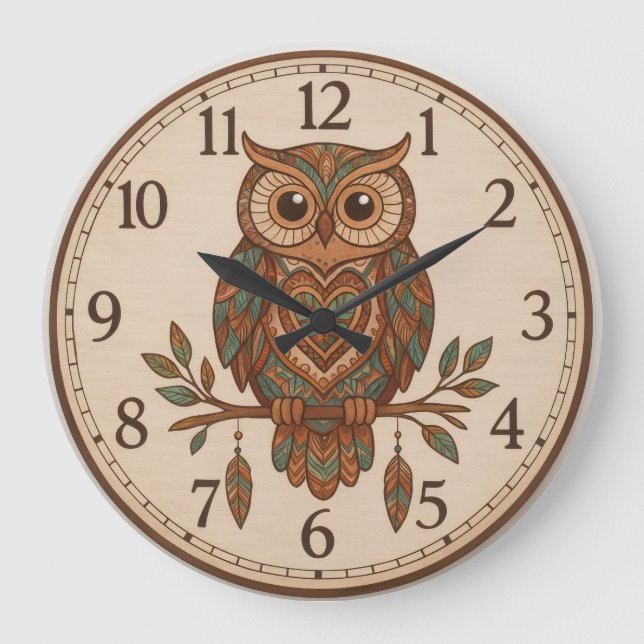 Boho Owl Large Wall Clock (Front)