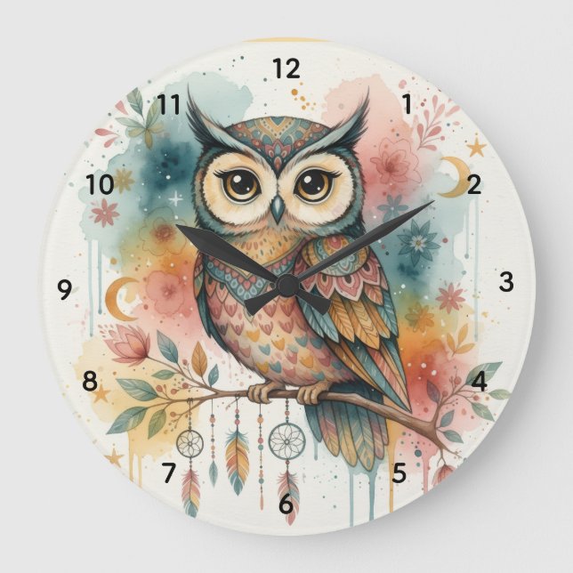 Boho Owl Large Wall Clock  (Front)