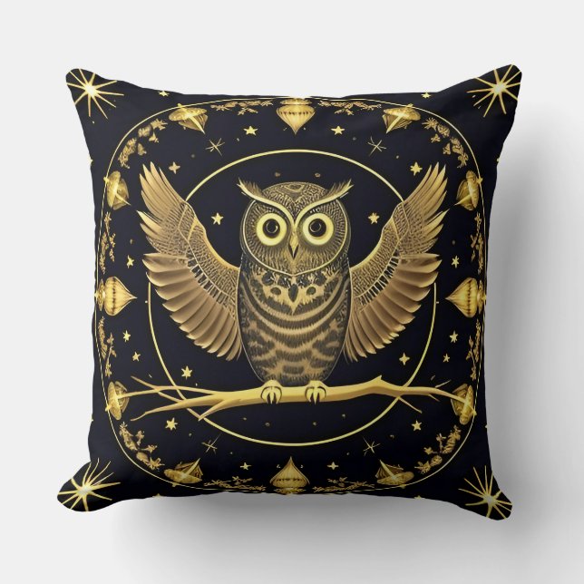 Boho Owl Whimsical Celestial Aesthetic Home Decor Throw Pillow (Front)