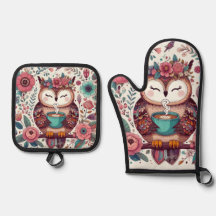 Boho Owl with a Cup of Coffee Pot Holders;