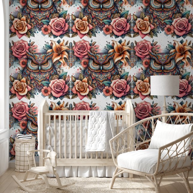 Boho Owl with Roses & Lilies Wallpaper (Kids)