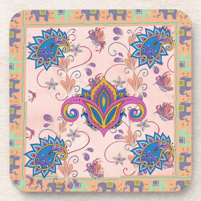 Boho paisley and elephant pattern_lmandala artwork beverage coaster (Front)