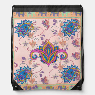Boho paisley and elephant pattern_lmandala artwork drawstring bag