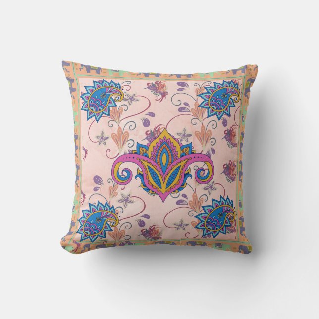 Boho paisley and elephant pattern_lmandala artwork throw pillow (Front)