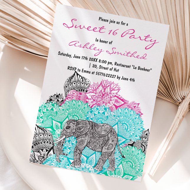 Boho paisley elephant pastel floral Sweet 16 Invitation