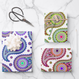 Boho Paisley in 3 Color Schemes Vintage Retro Wrapping Paper Sheets