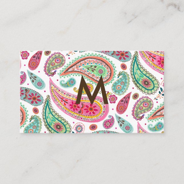 Boho Paisley Multicolor girly pattern monogram Business Card (Front)