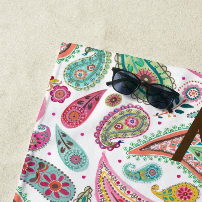 Boho Paisley Multicolor girly pattern monogram  Th Beach Towel (In Situ)