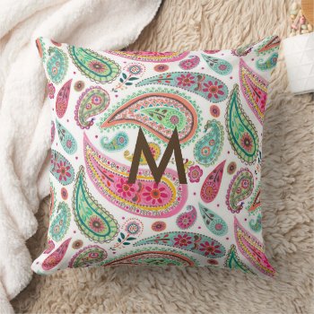 Boho Paisley Multicolor Girly Pattern Monogram  Throw Pillow by CartitaDesign at Zazzle