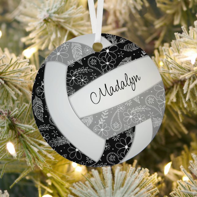 boho paislies feathers black gray volleyball metal ornament (Insitu)