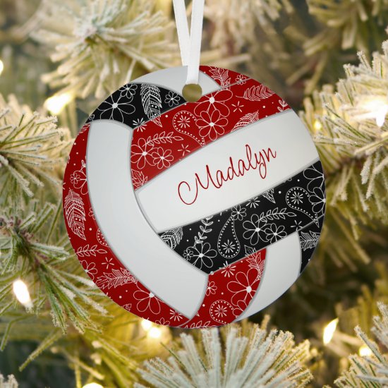 boho paislies feathers floral red black volleyball holiday ornament