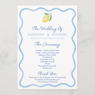 Boho Pale Blue Wavy Border Lemons Wedding Program