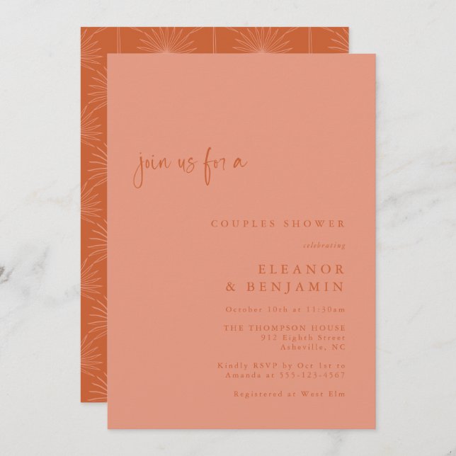 Boho Palm Botanical Blush Terracotta Couple Shower Invitation (Front/Back)