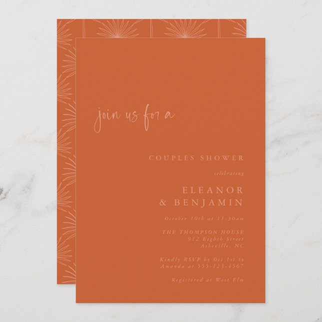 Boho Palm Botanical Burnt Orange Couples Shower Invitation (Front/Back)