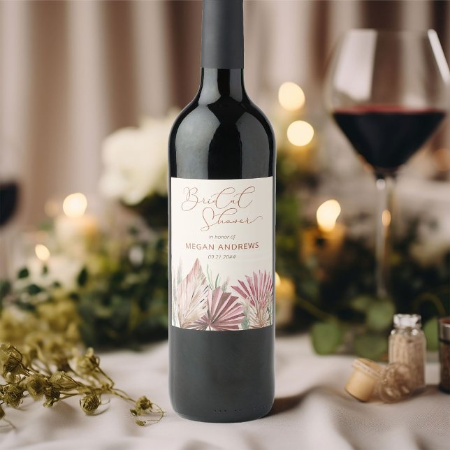 Boho Palm Dried Tropical Foliage Bridal Shower Wine Label (Wine bottle labels from my Boho Palm Bridal Shower Collection)