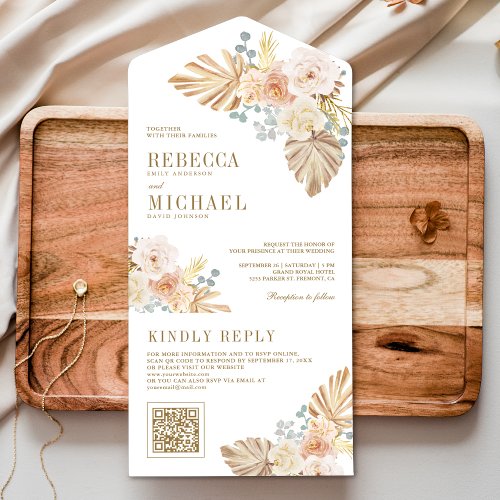 Boho Palm Dusty Earthy Floral QR Code Wedding All In One Invitation