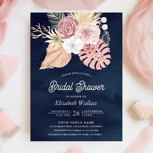 Boho Palm Dusty Pink Roses Navy Blue Bridal Shower Invitation