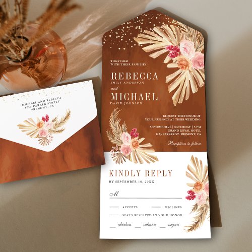 Boho Palm Earthy Floral Pampas Terracotta Wedding All In One Invitation