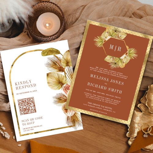 Boho Palm Earthy Floral Terracotta QR Code Wedding Invitation