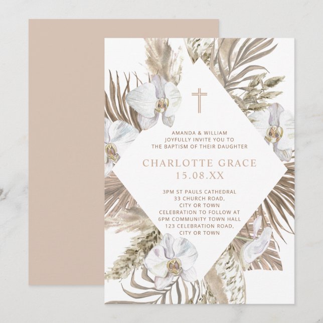 Boho Palm Floral Baptism Pink Terracotta Invitation (Front/Back)