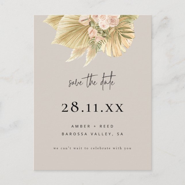 Boho Palm Floral Blush Natural Save The Date Invitation Postcard (Front)