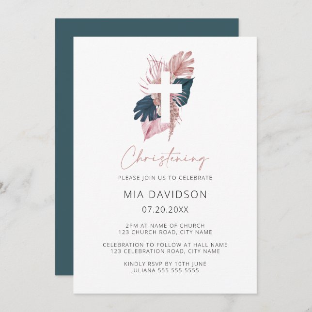 Boho Palm Green Pink Watercolor Floral Christening Invitation (Front/Back)