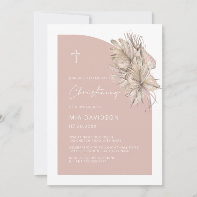  Boho Palm Half Arch Blush Pink Girl Christening  Invitation (Front)