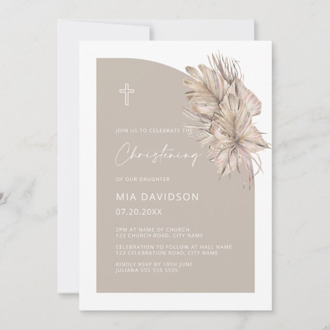  Boho Palm Half Arch Neutral Boy Girl Christening Invitation (Front)