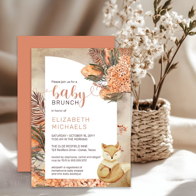 Boho Palm Hydrangeas Fox Girl Baby Brunch Invitation (Boho Palm Leaves and Hydrangeas Sleeping Fox Girl Baby Brunch Shower Invitation - Print | Digital)
