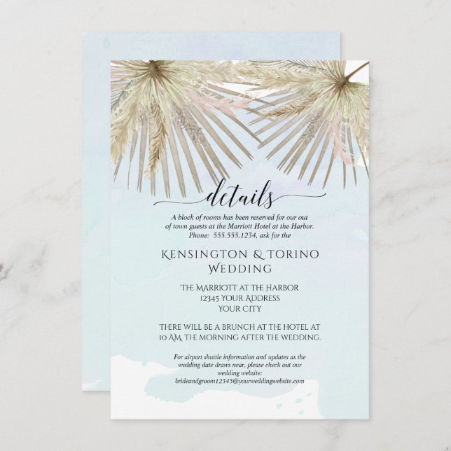 Boho Palm Jungle Foliage Blue Seaside Details Invitation (Front/Back)