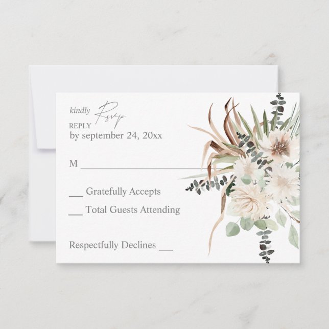 Boho Palm Leaf Eucalyptus & Beige Floral no Meal RSVP Card (Front)