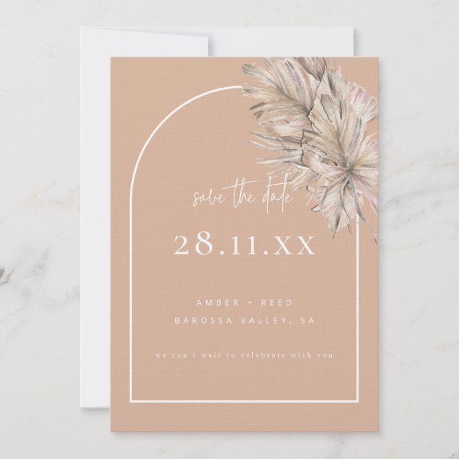 Boho Palm Leaf Floral Blush Pink Modern Arch Save The Date (Front)
