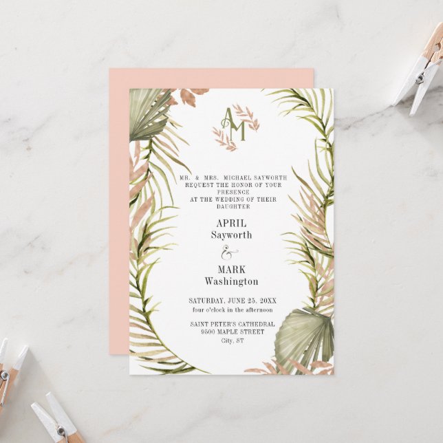 Boho Palm Leaf Greenery Wedding  Invitation (Front/Back In Situ)