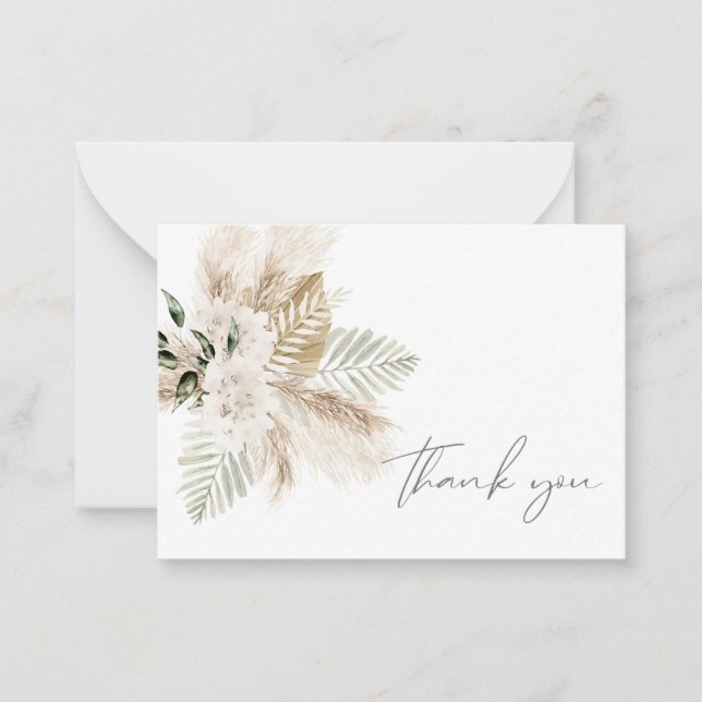 Boho Palm Leaf & Pampas & Beige Floral Thank You Note Card (Front)