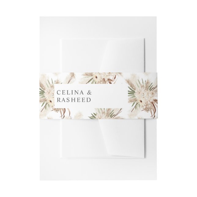 Boho Palm Leaf & Pampas Grass & Beige Floral 2 Invitation Belly Band (Front Example)