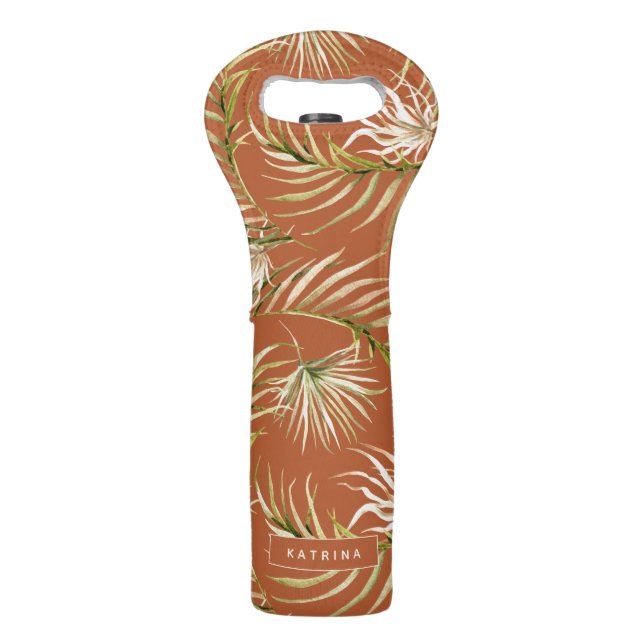 Boho Palm Leaf Pattern Burnt Orange Wine Bag (Front)