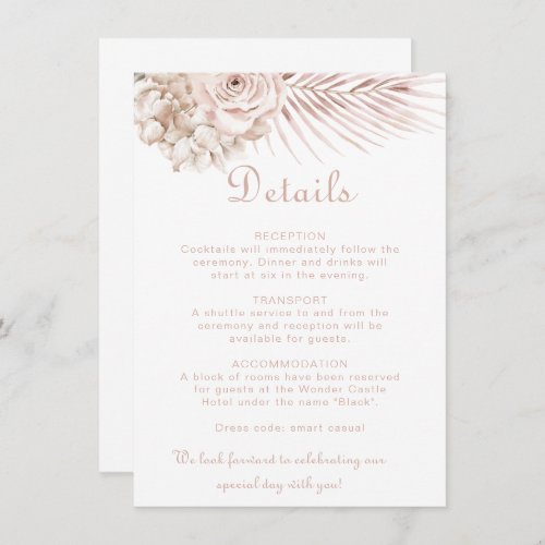Boho Palm Leaves and Roses Wedding Details  Enclosure Card