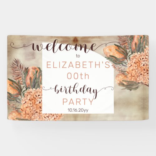 Boho Palm Leaves Hydrangea Birthday Party Welcome Banner