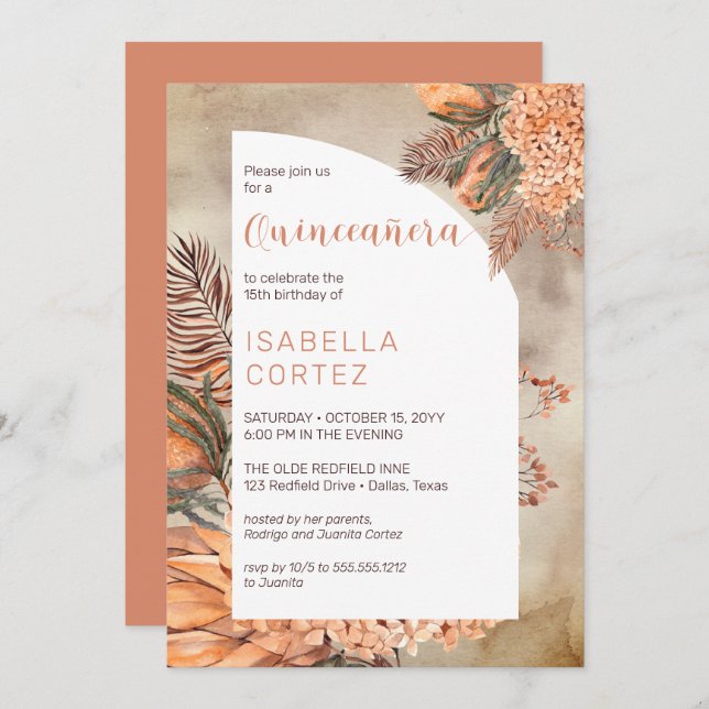 Boho Palm Leaves Hydrangea Blooms 15th Quinceañera Invitation (Front/Back)