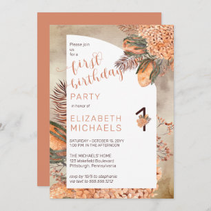 Boho Palm Leaves Hydrangeas 1st Birthday Party Invitation