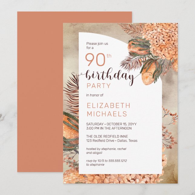 Boho Palm Leaves | Hydrangeas 90th Birthday Party Invitation (Front/Back)