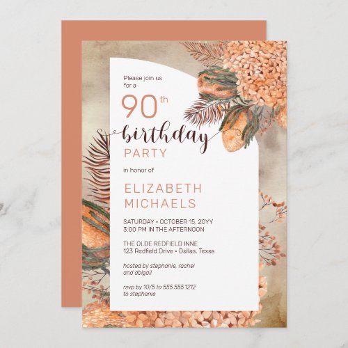 Boho Palm Leaves  Hydrangeas 90th Birthday Party Invitation