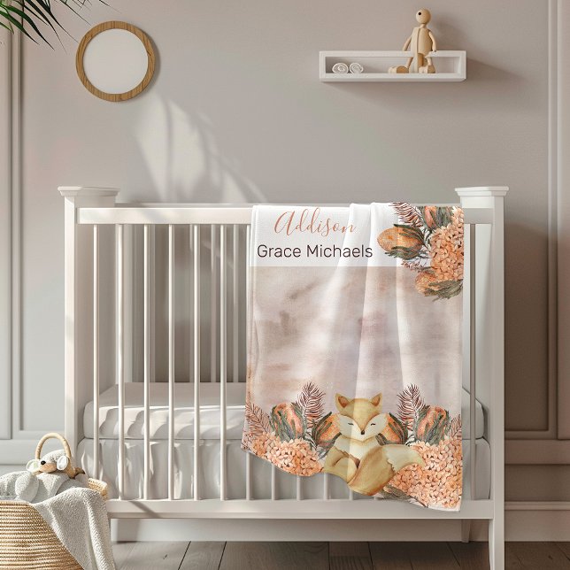 Boho Palm Leaves | Hydrangeas Blooms | Fox | Girl Baby Blanket (Boho Palm Leaves and Hydrangeas Sleeping Fox Girl Baby Blanket)