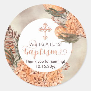 Boho Palm Leaves Hydrangeas Blooms Girl Baptism Classic Round Sticker