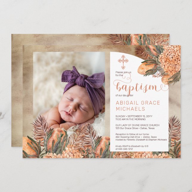Boho Palm Leaves Hydrangeas Girl Photo Baptism  In Invitation (Front/Back)