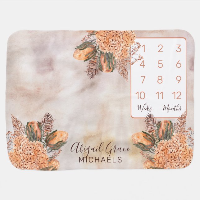 Boho Palm Leaves Hydrangeas Week Month Milestone  Baby Blanket (Horizontal)