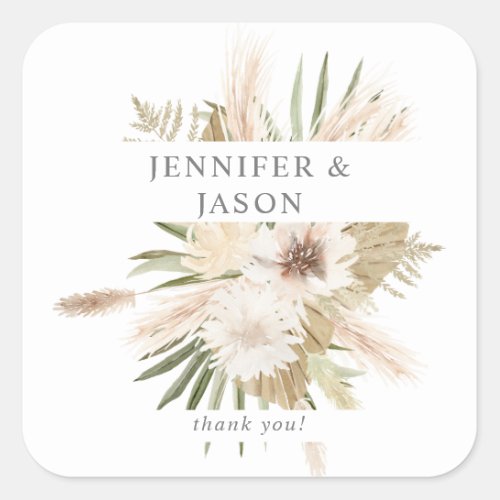 Boho Palm Leaves Pampas 2 Beige Floral Thank You  Square Sticker